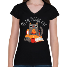 PRINTFASHION Indoor cat - Női V-nyakú póló - Fekete