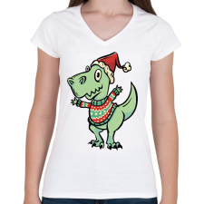 PRINTFASHION Integető karácsonyi t-rex - Női V-nyakú póló - Fehér női póló