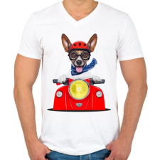 PRINTFASHION Jack Russel motorozik - Férfi V-nyakú póló - Fehér férfi póló