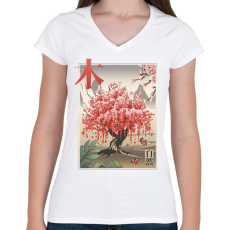 PRINTFASHION Japán sakura fa - Női V-nyakú póló - Fehér