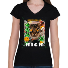 PRINTFASHION Kannabisz cica - Női V-nyakú póló - Fekete női póló