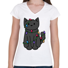 PRINTFASHION Karácsony cica - Női V-nyakú póló - Fehér