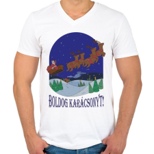 PRINTFASHION Karácsony - Télapó szánon  - Férfi V-nyakú póló - Fehér férfi póló