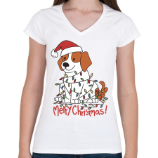 PRINTFASHION Karácsonyi beagle - Női V-nyakú póló - Fehér női póló