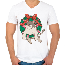 PRINTFASHION Karácsonyi cica - Férfi V-nyakú póló - Fehér