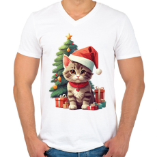 PRINTFASHION Karácsonyi cica - Férfi V-nyakú póló - Fehér