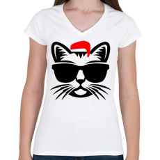 PRINTFASHION Karácsonyi Cica  - Női V-nyakú póló - Fehér
