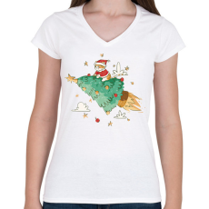 PRINTFASHION Karácsonyi cica - Női V-nyakú póló - Fehér