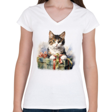 PRINTFASHION Karácsonyi cica - Női V-nyakú póló - Fehér