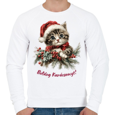 PRINTFASHION Karácsonyi cica sapiban - Férfi pulóver - Fehér férfi pulóver, kardigán