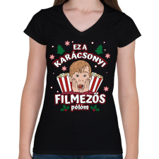 PRINTFASHION Karácsonyi filmezős póló - Női V-nyakú póló - Fekete női póló
