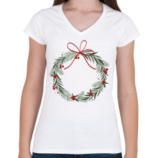 PRINTFASHION Karácsonyi koszorú piros masnival - Női V-nyakú póló - Fehér
