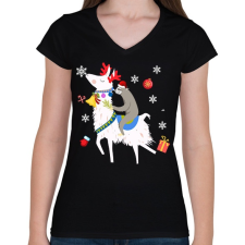 PRINTFASHION Karácsonyi láma - Női V-nyakú póló - Fekete női póló
