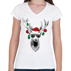 PRINTFASHION Karácsonyi party szarvas - Női V-nyakú póló - Fehér