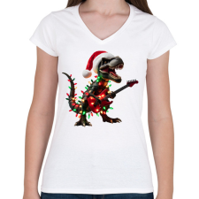 PRINTFASHION Karácsonyi rocker tirex gitárral - karácsonyi dinoszaurusz - Női V-nyakú póló - Fehér női póló