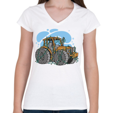 PRINTFASHION Karácsonyi traktor - Női V-nyakú póló - Fehér