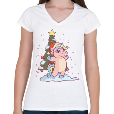 PRINTFASHION Karácsonyi unikornis - Női V-nyakú póló - Fehér női póló