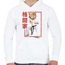 PRINTFASHION Karatés cica - Férfi kapucnis pulóver - Fehér férfi pulóver, kardigán