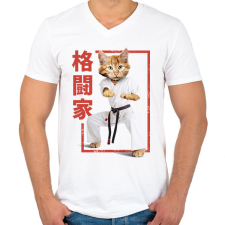 PRINTFASHION Karatés cica - Férfi V-nyakú póló - Fehér férfi póló