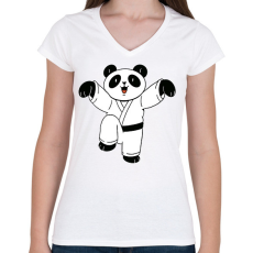 PRINTFASHION Karatés panda - Női V-nyakú póló - Fehér