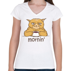 PRINTFASHION Kávés macska - Coffee cat -  Mornin' - Női V-nyakú póló - Fehér