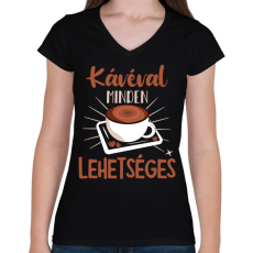 PRINTFASHION Kávéval minden lehetséges - Női V-nyakú póló - Fekete