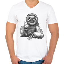 PRINTFASHION Kávézó lajhár - Férfi V-nyakú póló - Fehér férfi póló