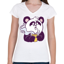 PRINTFASHION Kávézó panda - Női V-nyakú póló - Fehér női póló
