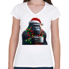 PRINTFASHION Kávézó / teázó karácsonyi party gorilla - Női V-nyakú póló - Fehér