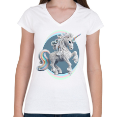 PRINTFASHION Kecses egyszarvú hölgy - Női V-nyakú póló - Fehér
