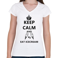 PRINTFASHION KEEP CALM AND EAT ICECREAM - Női V-nyakú póló - Fehér női póló