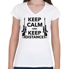 PRINTFASHION Keep calm and keep distance - Női V-nyakú póló - Fehér