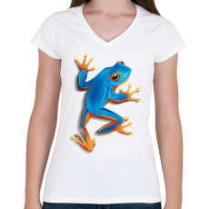 PRINTFASHION Kék béka - Női V-nyakú póló - Fehér