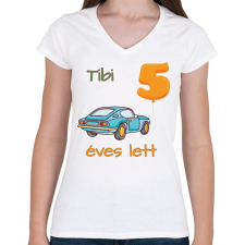 PRINTFASHION Kék kocsi - névvel, számmal - Női V-nyakú póló - Fehér női póló