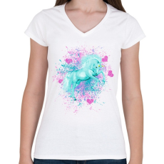 PRINTFASHION kék unikornis - Női V-nyakú póló - Fehér