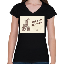 PRINTFASHION Kellemes Húsvétot - Biciklis nyúl - Női V-nyakú póló - Fekete női póló