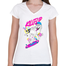 PRINTFASHION Kickflip wolf - Női V-nyakú póló - Fehér
