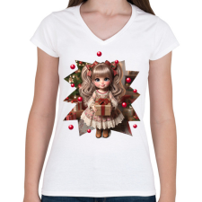 PRINTFASHION Kislány ajándékkal - Női V-nyakú póló - Fehér női póló