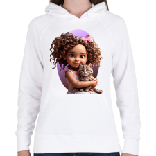 PRINTFASHION Kislány cicával - Női kapucnis pulóver - Fehér női pulóver, kardigán