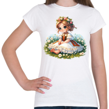PRINTFASHION Kislány népviseletben a tavaszi virágos réten - Női póló - Fehér női póló