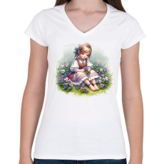 PRINTFASHION Kislány népviseletben - Női V-nyakú póló - Fehér