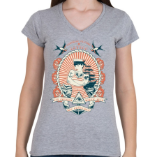 PRINTFASHION Klasszikus tengerész tetoválás - Női V-nyakú póló - Sport szürke női póló