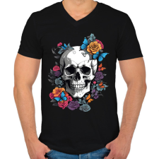 PRINTFASHION koponya pillangókkal és virágokkal - Férfi V-nyakú póló - Fekete férfi póló