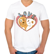 PRINTFASHION Kutya és macska szeretet - Férfi V-nyakú póló - Fehér férfi póló