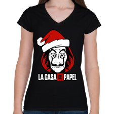 PRINTFASHION La Casa De Papel Christmas - Női V-nyakú póló - Fekete női póló
