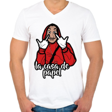 PRINTFASHION La Casa de Papel - Férfi V-nyakú póló - Fehér