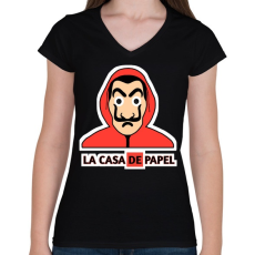 PRINTFASHION LA CASA DE PAPEL - Női V-nyakú póló - Fekete