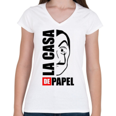PRINTFASHION La case de papel - Női V-nyakú póló - Fehér