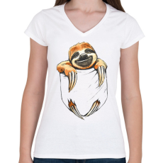 PRINTFASHION Lajhár zsebben - Női V-nyakú póló - Fehér