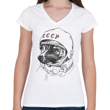 PRINTFASHION Lajka a ez első kutya az űrben - Női V-nyakú póló - Fehér női póló